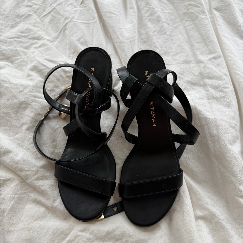 Stuart Weitzman Black Strappy Leather Sandal heels